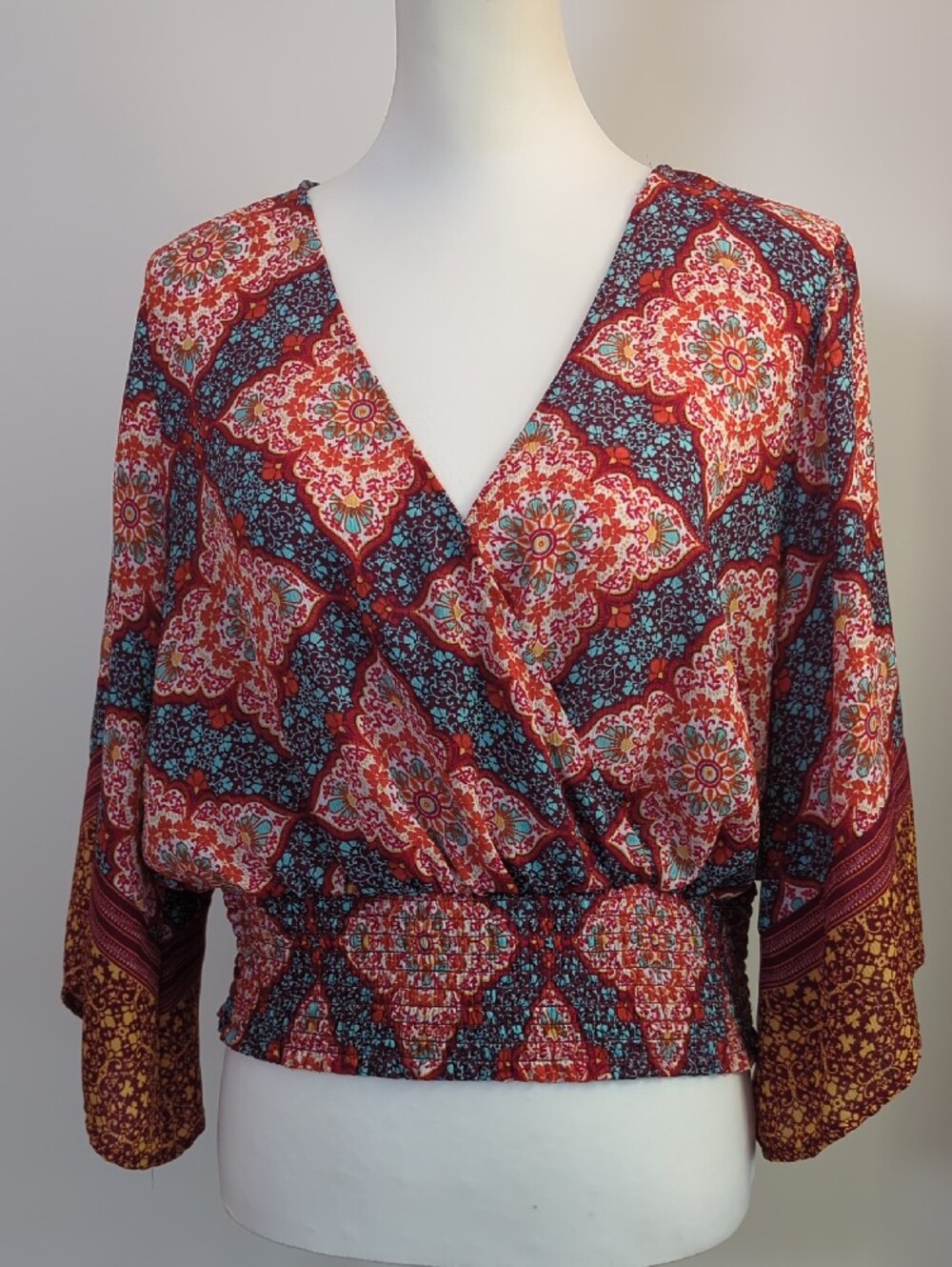 Twine & String Boho Surplice Smocked Waist Crop Top Tile Floral Print Blouse XL